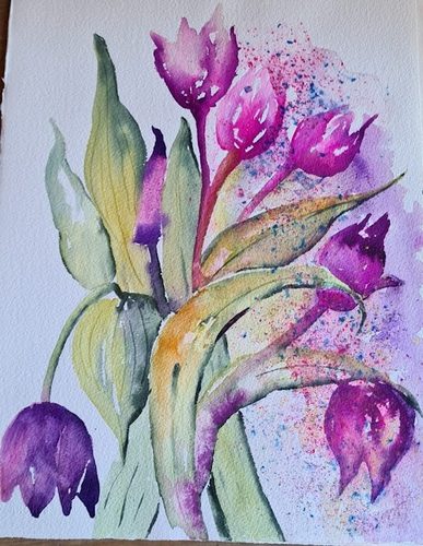 Chris M, Tulips, watercolour & ink.